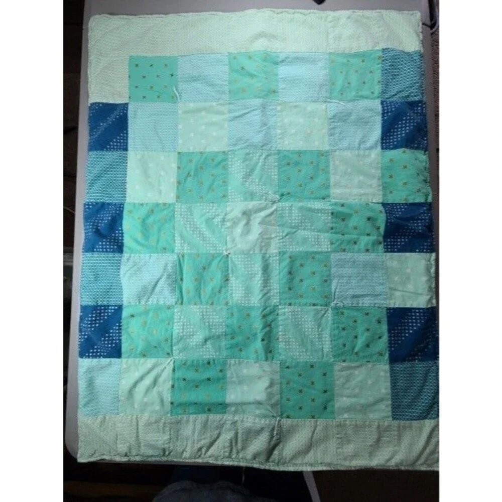 Handmade Baby Quilt Michael Miller Lion Navy Turquoise Stroller Blanket 36x27